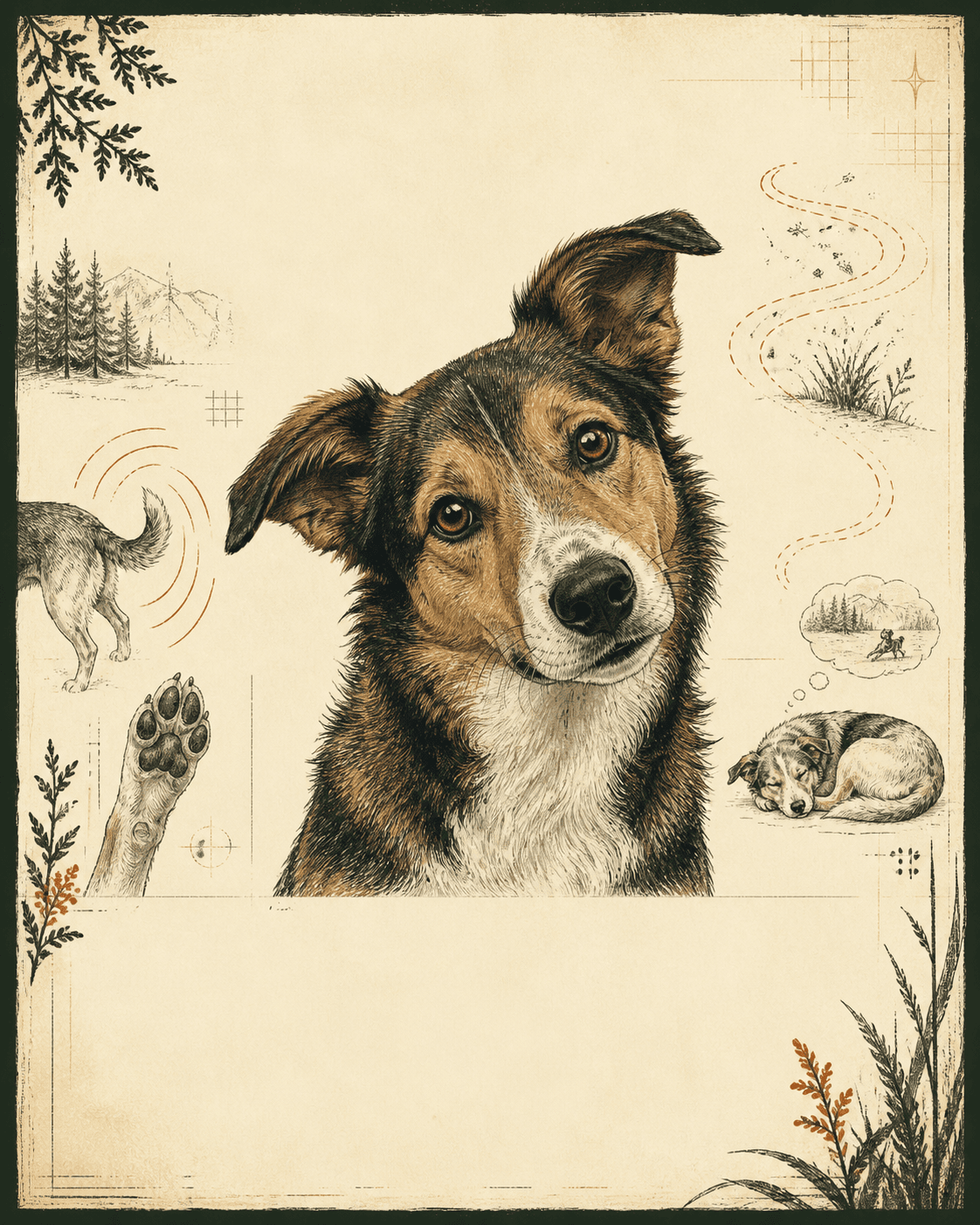 Illustrated curious dog surrounded by field-note sketches